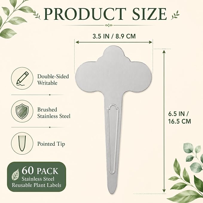 60 Pack Metal Plant Labels 6-1/2" x 3-1/2" Stainless Steel Outdoor Reusable Plant Name Tags Waterproof Garden Seed Labels Makers for Flowers Vegetable Pots Seedlings Herbs