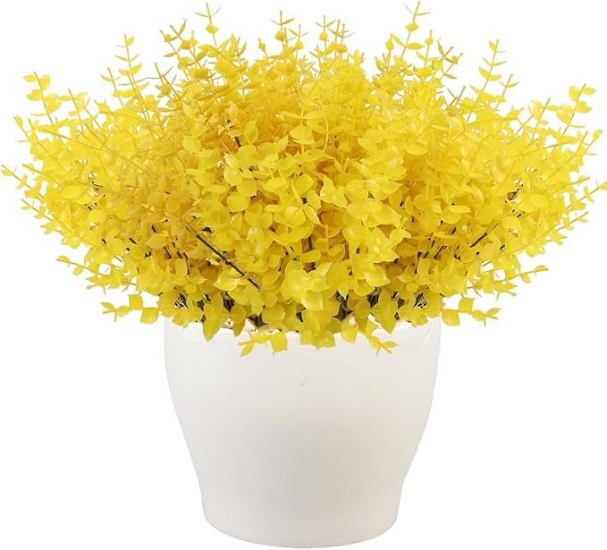 RECUTMS Artificial Fake Flowers Faux Outdoor Plastic Plants 12 Bundles UV Resistant Spring Plants Faux Flowers Artificial Boxwood Greenery Indoor Outside Spring Home Garden Decor(Pure Yellow)