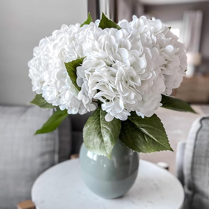 DUYONE 4PCS Artificial Flowers Large Hydrangeas Flowers Latex Bouquet for Wedding Bridal Office Home Party Decoration (4Pcs White)