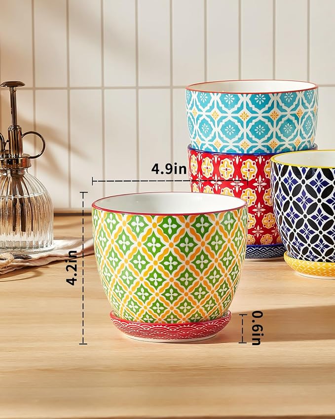 Metahom Ceramic Plant Pots, 4.9 Inch Flower Pots with Drainage Hole & Saucer, Colorful Planter Pots for Houseplants, Succulent, Catus, Home Decor, Set of 4, Vibrant Colors