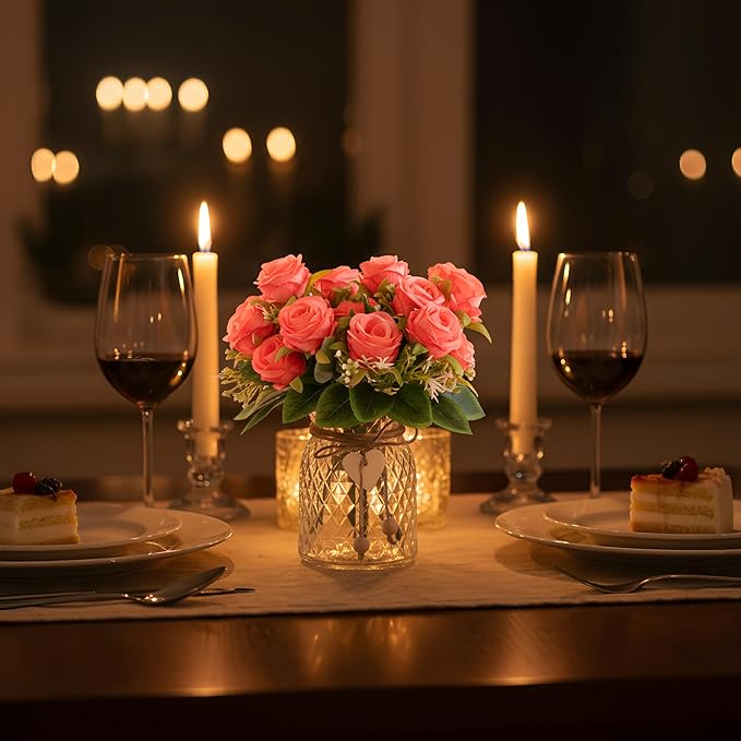 Faux Flowers in Vase, 18 Pcs Fake Rose Flowers, Artificial Flowers for Home Decor, Indoor Centerpiece for Living Room & Dining Table - Pink