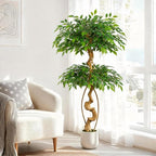 5ft Large Ficus Artificial Trees in White Pot, 60" Tall Fake Silk Tree with Natural Curved Trunk, Lush Faux Ficus Tree for Indoor Home Decor, Living Room, Office & Patio