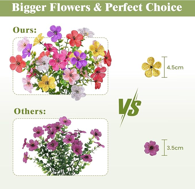 Alupssuc 20 Bundles Artificial Flowers for Outdoor Indoor Decoration, UV Resistant No Fade Fake Plants Eucalyptus, Colorful Faux Spring Flowers for Outside Yard Porch Patio Garden Home Window Box