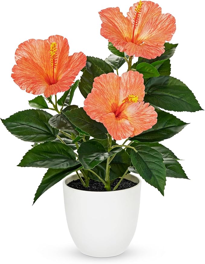 Briful Artificial Hibiscus Flowers in Pot, 14.5’’ Faux Hibiscus Plant, Spring Summer Flowers for Home Decor, Farmhouse Table Decor & Coffee Table Decor, Indoor Potted Fake Flower, Peach