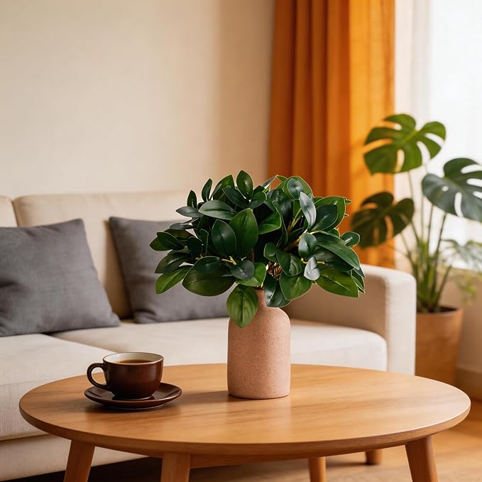 12 Inch Artificial Plant Indoor,Small Fake Plants Eucalyptus Stems With Vase,Faux Greenery In Pot For Farmhouse Home Decor,Bathroom Living Room Kitchen Office Coffee Table Centerpiece (Brown)