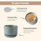 Green Ceramic Plant Pots Set of 3, 4.3+5.5+6.7 Inch Indoor Flower Pots with Drainage Hole & Saucer & Hole Mesh Pads, Striped Decorative Planter Set for Indoor Plants, Gardening Pots & Accessories