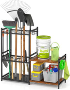 DAOUTIME Garage Tool Organizer with 2-tier Wooden Shelves, Yard Tool Organizer for Garage with 6 Hooks, Heavy duty Steel Garden Tool Rack Holds up to 35 Long Handled Yard tools for Storage, Black