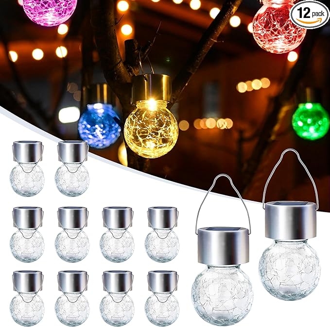 GIGALUMI Solar Lights Outdoor Waterproof, 12 Pack Solar Hanging Lights Garden Decor, Gifts for Women, Solar Outdoor Lantern Waterproof Cracked Glass for Yard, Fence, Tree(Color Changing)