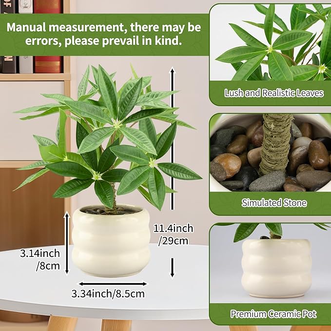 Small Money Tree Bonsai 11.4 inch Artificial Desk Plant in White Ceramic Pot, Realistic Indoor Faux Potted Pachira Money Plant for Home Office Living Room Decor(Maintenance Free)