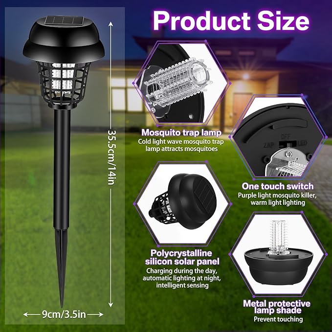Qualirey 4 Pcs Solar Bug Zapper Waterproof Outdoor Mosquito Zapper Mosquito Killer and Lighting Bug Repellent Lamp for Indoor Outdoor Use Garden Patio (Vintage Black,Plastic)