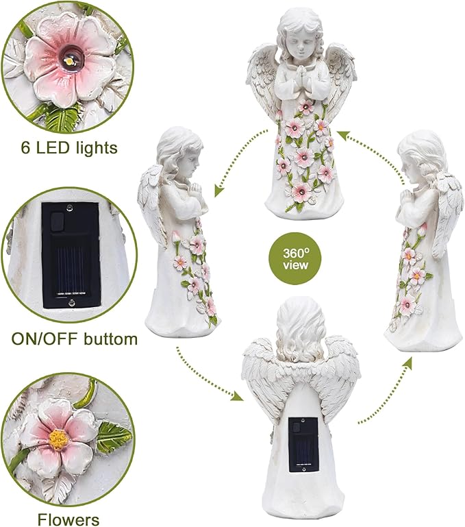 Nacome Garden Outdoor Statues Angel with Succulent and 7 LED Lights – Lawn Decor for Patio, Balcony, Yard Ornament for Mom Grandma Women