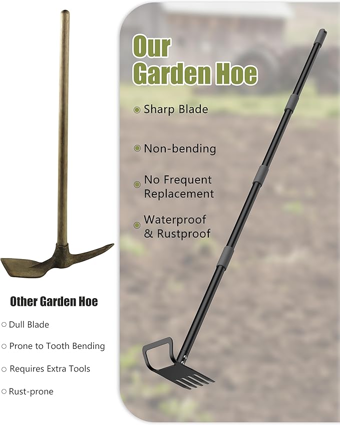 Garden Hoe, 60 Inch Adjustable 2-in-1 Hoe Garden Tool, Sharp Blade for Weeding & Soil Loosening in Garden & Yard