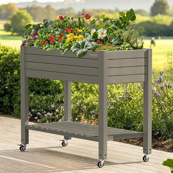 DWVO Raised Garden Bed Kit, 3.6 x 1.5 x 2.8 FT Outdoor Plastic Planter Box with Wheels and Legs, Garden Box with Drain Plug & Storage Shelf for Planting Vegetables, Flowers, and Herbs, Light Brown