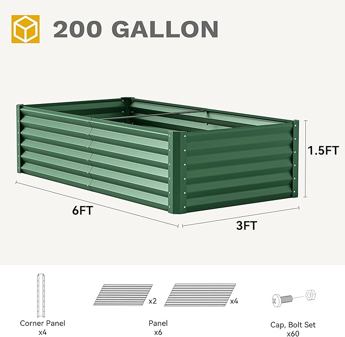 DWVO 2pcs 6 x 3 x1.5 FT Raised Garden Bed Kit, Outdoor Galvanized Flower Bed with Gloves, Large Metal Planter Box for Vegetables, Flowers, Herbs, Fruits, Green