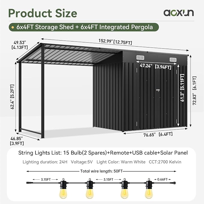 Aoxun 6x4FT Outdoor Storage Shed & Hardtop Gazebo Combo with Solar String Lights, 12x4FT Metal Lean to Shed with Pergola, 2-in-1 Durable Garden Tool Shed for Patio, Backyard, Deck