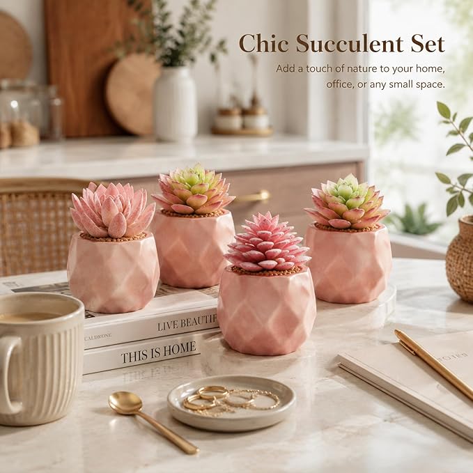 Tiita 4 Pack Artificial Faux Succulents in Pots, Mini Rose Gold Fake Plants for Women Desk, Small Realistic Faux Succulents for Home Office Accessories Window Sill Bathroom Bedroom, Rose Gold