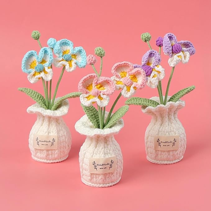 Crochet Moth Orchid Vase, Eternal Finished Hand Woven Artificial Mini Flowers Pot Decoration for Home Office Kitchen Living Room Table Bedroom Creative Women Girls Gift (Blue)