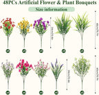 Alupssuc 48 Bundles Artificial Flowers for Outdoors Planters Spring Decoration, UV Resistant Faux Eucalyptus Violet and Lavender Silk Fake Plants for Outside Indoor Yard Home Patio Decor, Mix 6 Colors