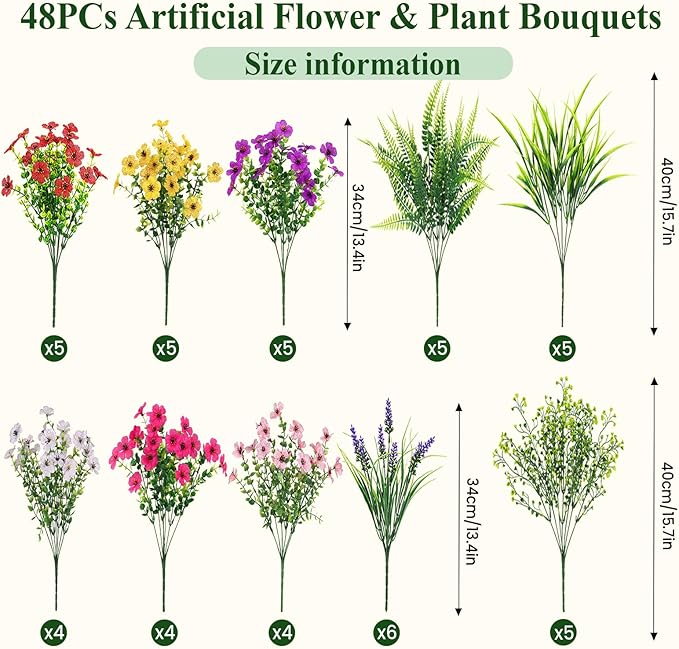 Alupssuc 48 Bundles Artificial Flowers for Outdoors Planters Spring Decoration, UV Resistant Faux Eucalyptus Violet and Lavender Silk Fake Plants for Outside Indoor Yard Home Patio Decor, Mix 6 Colors