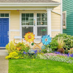 YEAHOME Garden Decor for Outside, 35.4“ Set of 2 Metal Flowers Decorative Garden Stakes for Spring Decor, Yard Art Flower Stakes for Outdoor Lawn Backyard Porch Garden Decorations (Yellow, Blue)