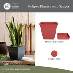 The HC Companies Eclipse Square Plastic Planter w/Attached Saucer - Outdoor & Indoor Plant Pot with Drainage Holes - Lightweight, UV-Resistant Plastic Pots for Plants (6" Rose, Pack of 1)
