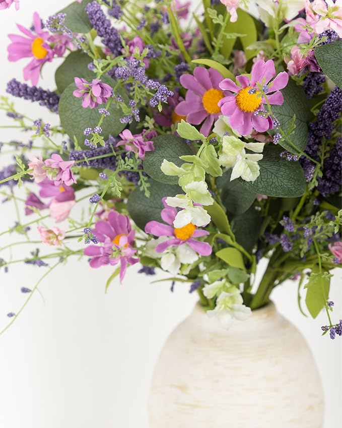 20" Artificial Flowers Bouquet for Vase Indoor, 6 stem Faux Silk Daisies Lavender Silver Dollar Eucalyptus Leaves Wildflower Floral Arrangement Home Decor for Living Room Dining Table Entryway