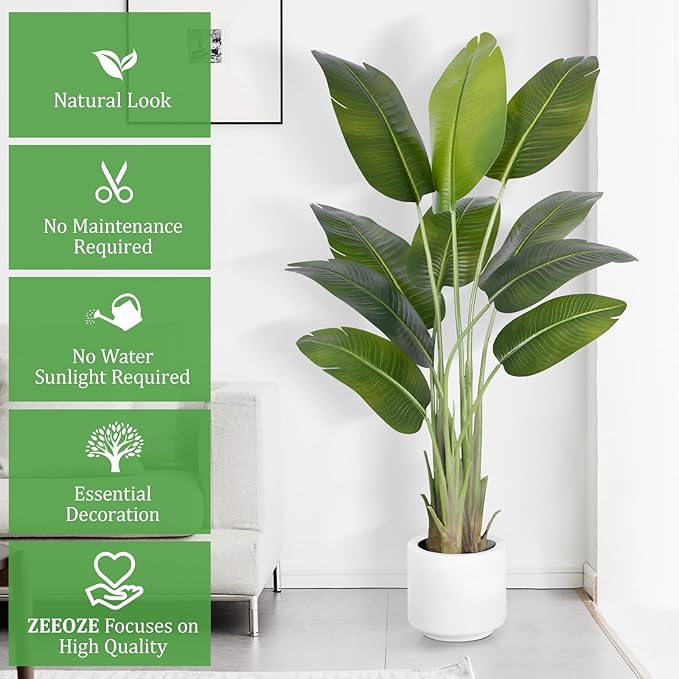 Artificial Bird of Paradise Plant 5Ft Tall Fake Tropical Palm Tree Large Fake Plants with 10 Silk Banana Leaves Faux Plant Indoor Decor Trees with White Pot for Home Bedroom Living Room Office（2pcs）