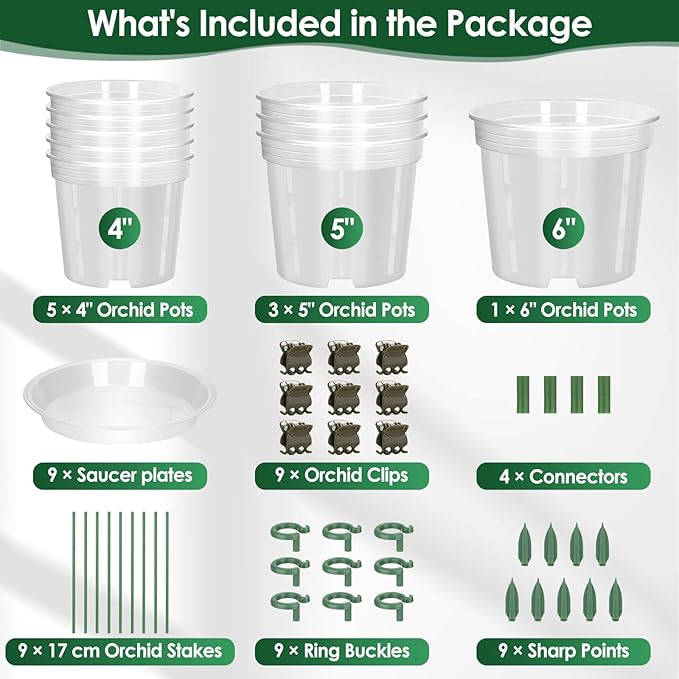 9 Pack Plastic Orchid Pots with Holes, 4, 5, 6 Inch Clear Orchid Pots for Repotting with Saucers Drainage and Plant Stakes, Large Small Breathable Orchids Planter Plant Pot