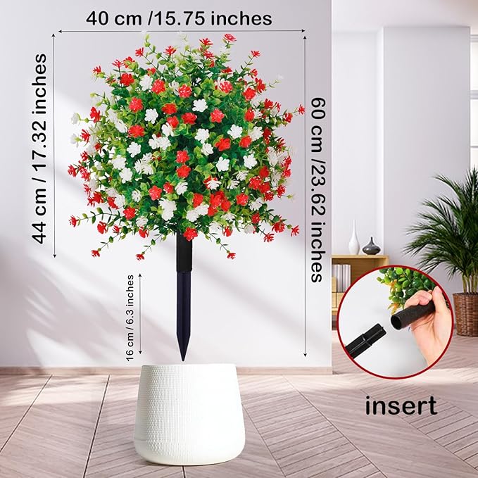 2 Pack 24" White Red Faux Topiary Ball Trees with Spikes, UV Resistant Artificial Boxwood Plants with Flowers, Fake Shrubs for Spring Outdoor Planters, Front Porch Garden Decor
