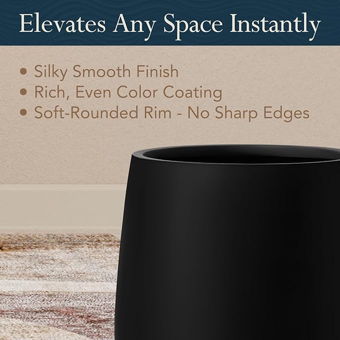 12.5" H x 11.4" D Premium Corso Fiberstone Round Tapered Planter with Drainage Hole, Weather Resistant for Indoor and Outdoor Use, Included 2 Extra Coco Mats (Black, 9" Pot Opening)