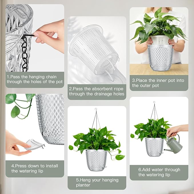 QCQHDU Self Watering Hanging Pots, 2 Pack 7.2 Inch Hanging Planters for Plants Indoor, Flower Pots with Drainage Holes and 3 Hooks Chains for Garden Home (Clear)