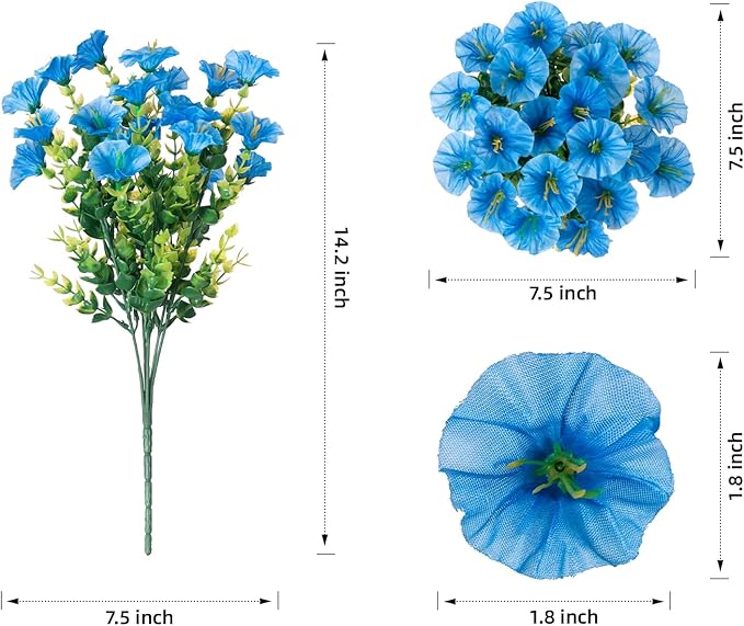 Artificial Fake Outdoor Plants Flowers for Summer Decoration, 12 Bundles Silk Blue Morning Glory Eucalyptus Realistic UV Resistant Faux Flowers for Outside Planter Front Door Porch Garden Yard Patio