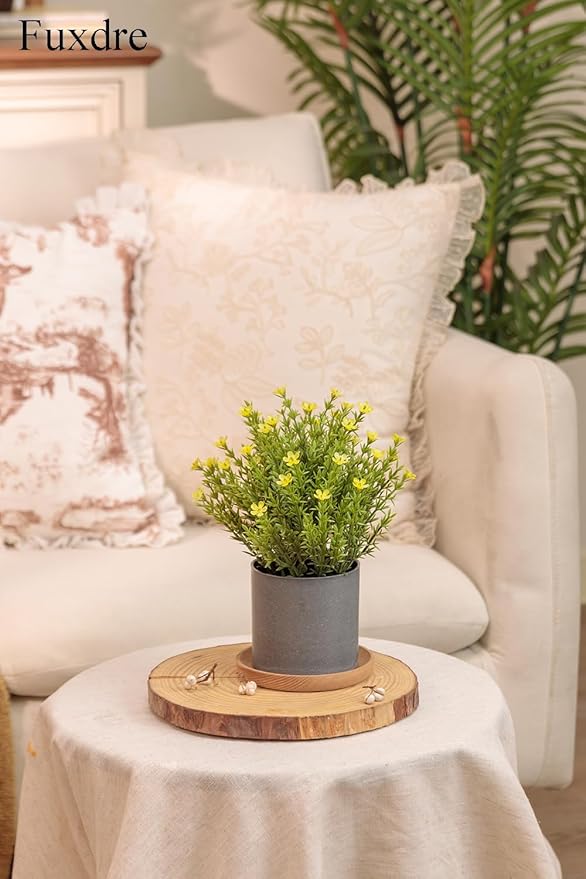 2 Pack Small Desk Plants, Artificial Bathroom Plants Decor with Thyme Flower in Vintage Melamine Pots, Faux Plants Indoor for Shelf Decor in Home Office, and Spring Decor (Yellow)