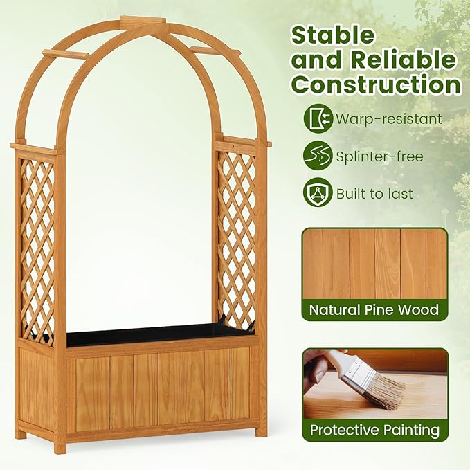 Giantex Set of 2 Raised Garden Bed with Arch Lattice Trellis, for Climbing Vine Flower Vegetable, Wood Planter Box with Liner & Drainage Design, Outdoor Plant Container for Yard Balcony (33"x15"x57")