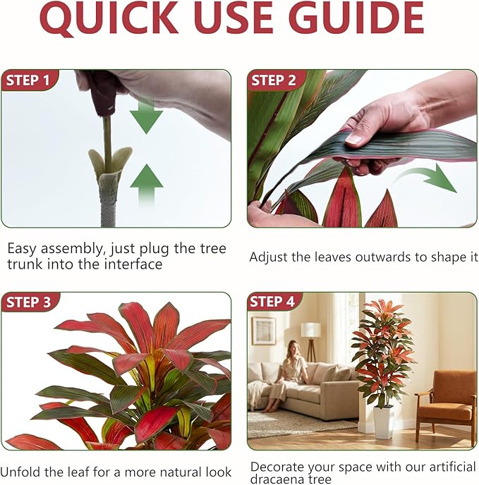 Artificial Red Dracaena Tree - 6FT Tall Fake Plants with White Tall Planter - Artificial Plants Indoor Floor Plant in Pot - Large Tropical Fake Yucca Potted Tree for Home Office Living Room Decor
