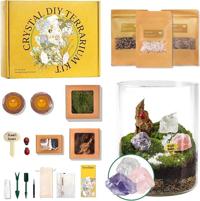 DIY Crystal Terrarium Kit– All-In-One Starter Kit with Preserved Moss, Pumice, Crystals, Coconut Coir, Gardening Tools & Decor | Healing Gift for relaxing | Plants & Crystal Lovers | Home & Desk Decor