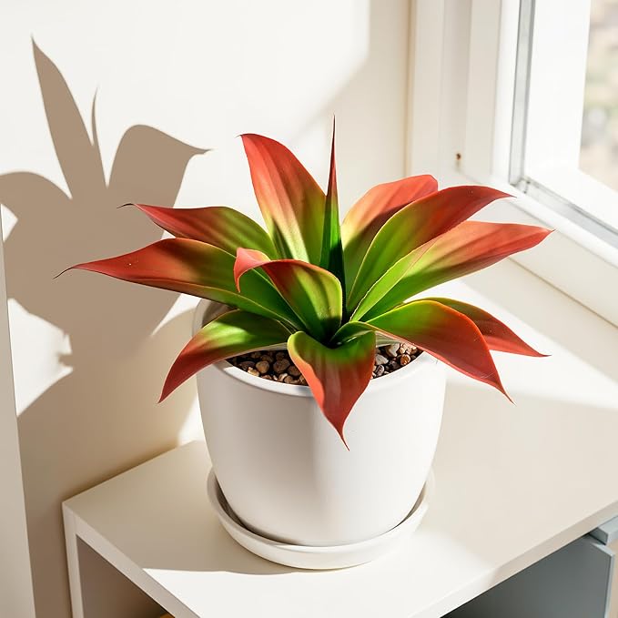 Ttranewsoo Artificial Agave Plants,Large UV Resistant Fake Agave Planters 12" for Indoor and Outdoor Decorating Tropical Plant Succulents Greenery Indoor Decor (2Pack, Red)