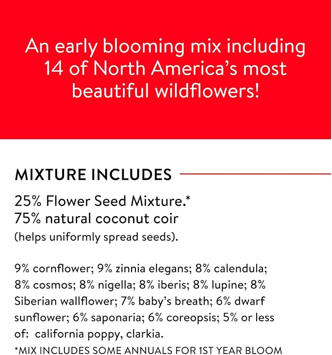 Burpee Fast Blooming 25,000 Non-GMO Planting, 1 Bag Easy Grow Wildflower Seed Mix Contains 14 Flower Varieties for Home Garden