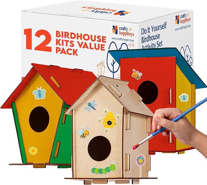 12 DIY Bird House Kits For Children to Build - Wood Birdhouse for Kids to Paint - Unfinished Bird Houses - Spring Crafts Kits - Wooden Arts & Craft for Girls & Boys - Classroom & Spring Activity