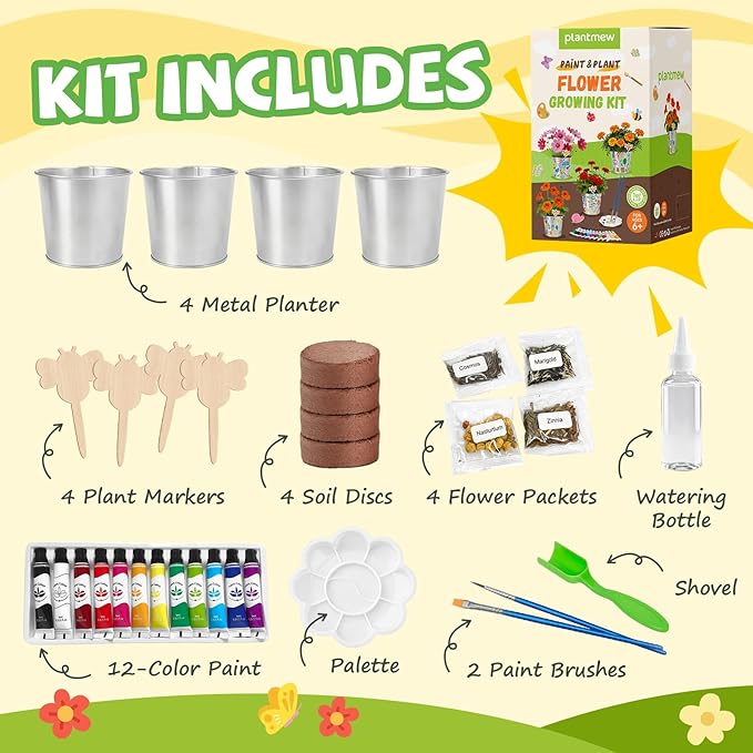 Paint & Plant Flower Growing Kit for Kids - Easter Gifts for Kids Gardening Set with 4 Pots - Unique Birthday, Crafts & Arts, Gardening Gifts for Girls & Boys, Ages 5, 6, 7, 8-12 Years Old