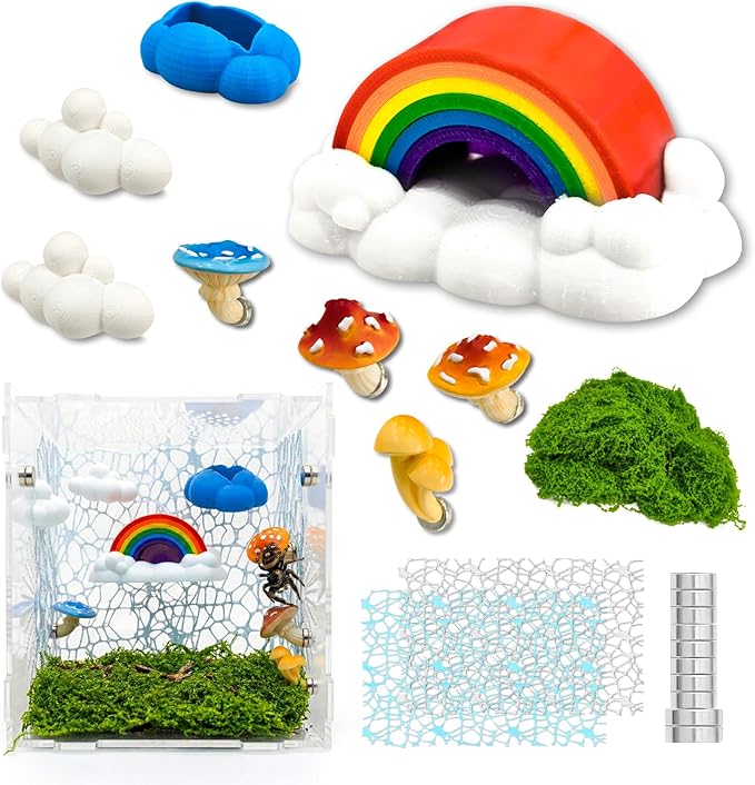 21 Pcs Jumping Spider Enclosure Accessories Kit - Magnetic Rainbow Cloud Hideout & Feeding Bowl, Mushroom Platform Ledges, Climbing Nets, Moss - Aesthetic Habitat Decor for Resting and Exploration