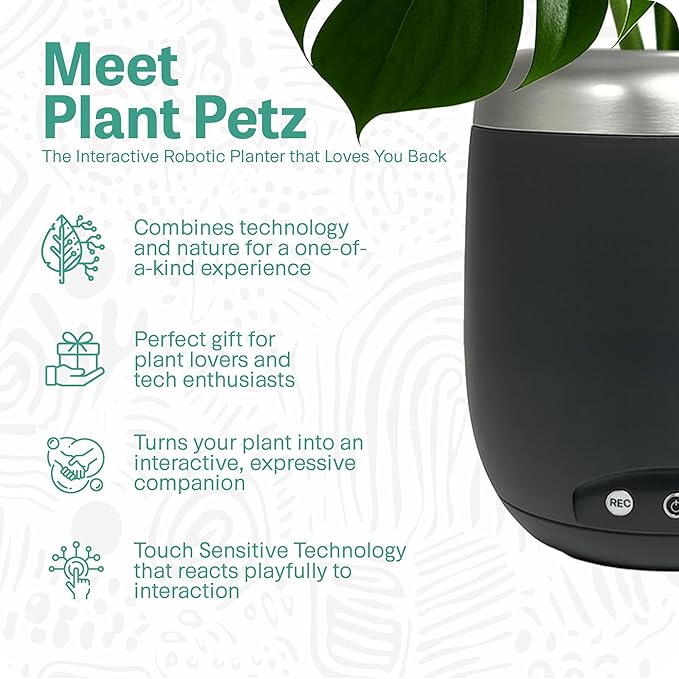 PLANTPETZ Large Robotic Planter – Smart Planter Fits 4 Inch Pots | Bluetooth Speaker | Interactive Smart Plant Pot Turns A Real Plant Into a Touch/Motion Responsive Companion - Charcoal