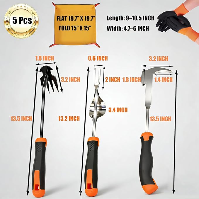 5 Pack Weed Puller Tool, Stainless Steel Manual Hand Weeding Tool Set for Weed Removal, V-Shaped Digger, Crack Weeder Tool, 4 Teeth Gardening Tools for Garden, Patio, Sidewalk, Driveway, Pavers, Lawn