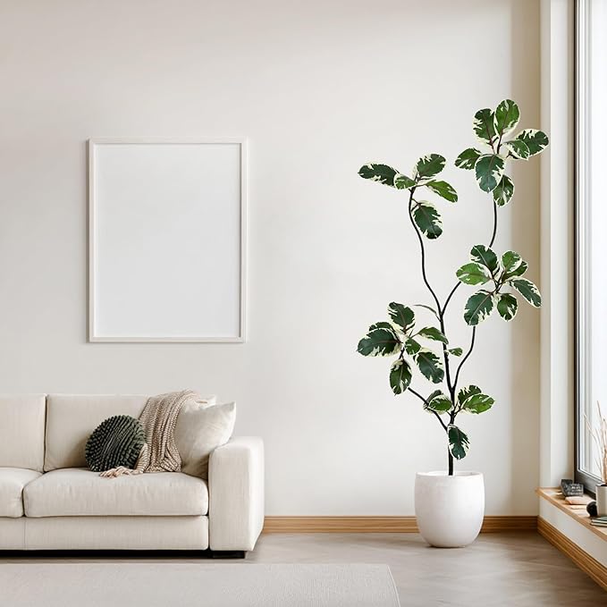 AfanD 6FT Artificial Rubber Tree – Realistic Variegated Ficus with Natural Trunk, Faux Indoor Plant for Living Room, Office, Bedroom & Commercial Decor, No Maintenance