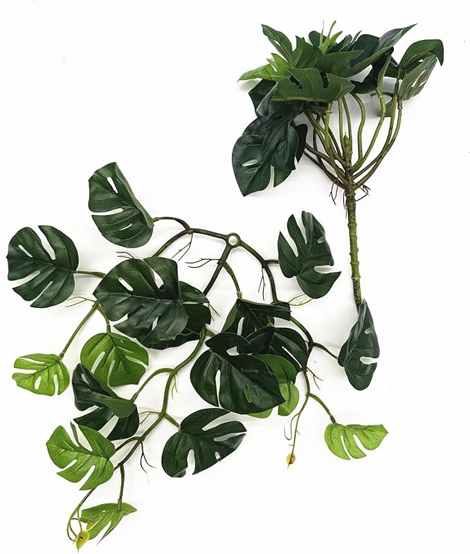 Artificial Monstera Plants, Fake Tropical Palm Small Potted Faux Hanging Greenery Mini Plants for Indoor Outdoor Home Office Garden Houseplants Pot Decor Wedding Party DIY Decoration - Green 2 Pack