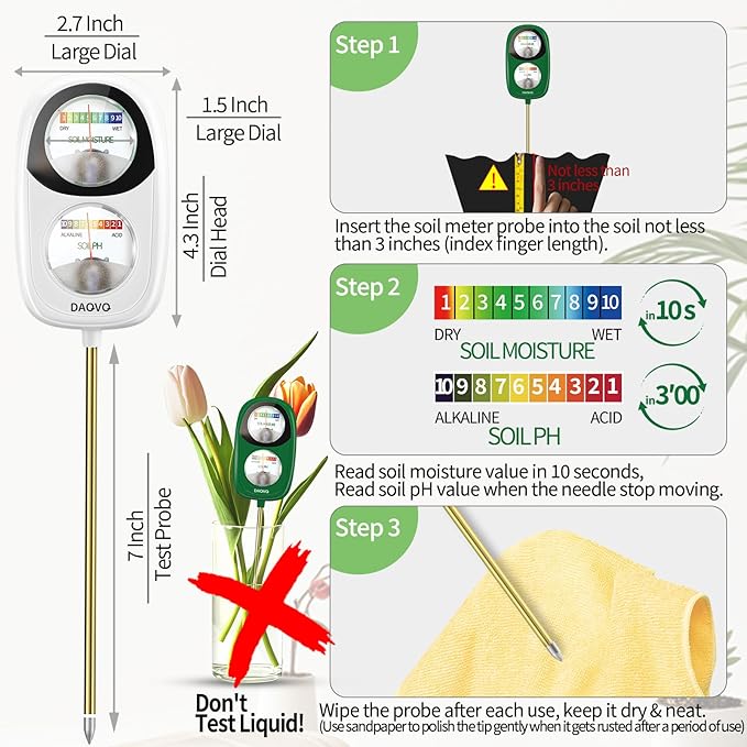 2-in-1 Moisture Meter for Plants, Soil Moisture Meter & PH Meter, Large Dual-Screen Soil Test Kit, Essential Garden Tools for Indoor/Outdoor Plant, Lawn, Farm, No Battery Needed