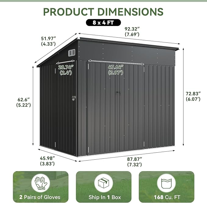 Aoxun 7.5'x4' Triple Door Shed Outdoor Storage Shed with Three Lockable Door Metal Storage Cabinet with Slopping Roof for Tools Bicycles Storage for Garden, Backyards (Black)