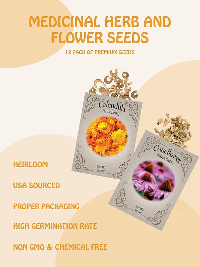 Medicinal Herb and Flower Set - 12 Varieties of Non-GMO & Heirloom Flowers and Herbs - Basil, Cilantro, Calendula, Lavender, Sage, & More!