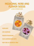 Medicinal Herb and Flower Set - 12 Varieties of Non-GMO & Heirloom Flowers and Herbs - Basil, Cilantro, Calendula, Lavender, Sage, & More!