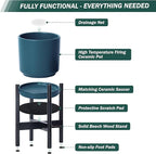 D'vine Dev Ceramic Planter with Ebony Stand - 14 Inch Modern Round Flower Pot with Wood Planter Holder, Teal, 55-B-S-4